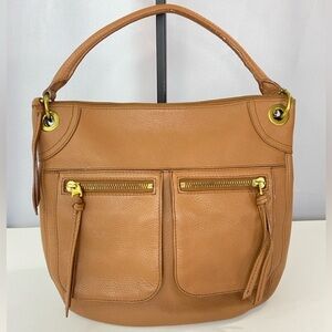 Fossil Karli Shoulder Handbag Tan Brown Pebble Leather Brass Hobo Saddlebag Y2K